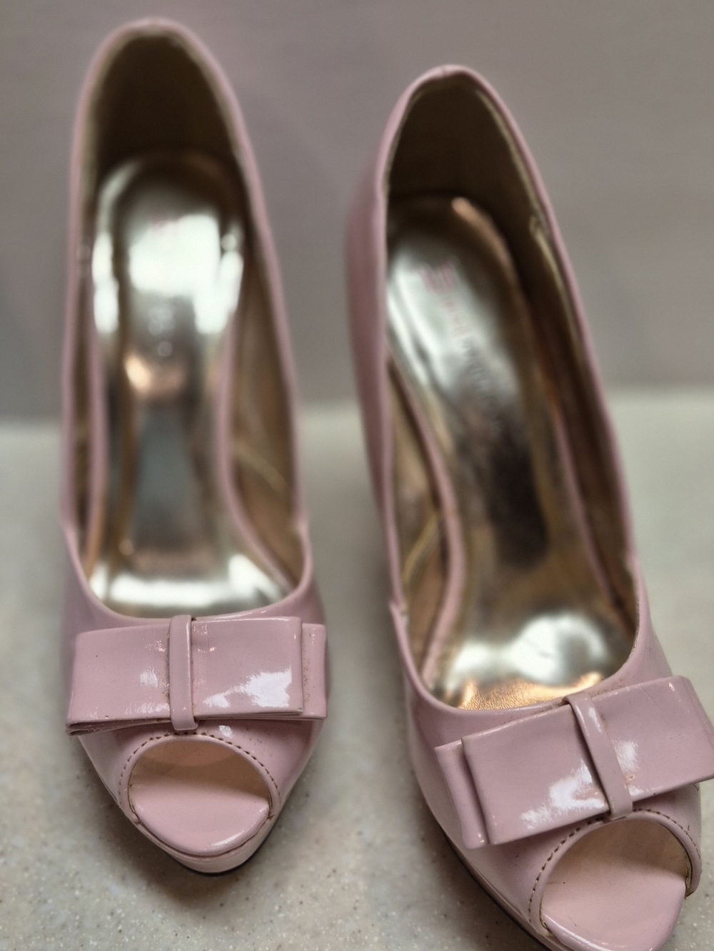 JustFab Blush Pink Patent Peep-Toe Bow Heels
